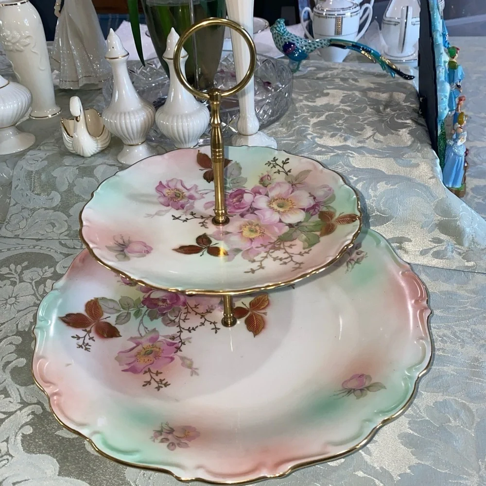 VINTAGE GERMAN SCHUMANN ARZBERG PORCELAIN TWO-TIERED ‘WILD ROSE’ SERVING TRAY